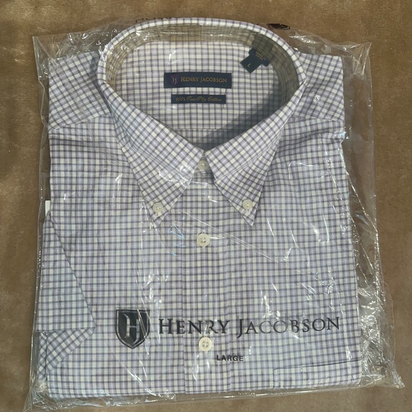 New Henry Jacobson 100% cotton lavender checked short sleeve sport shirt - Picture 3 of 4